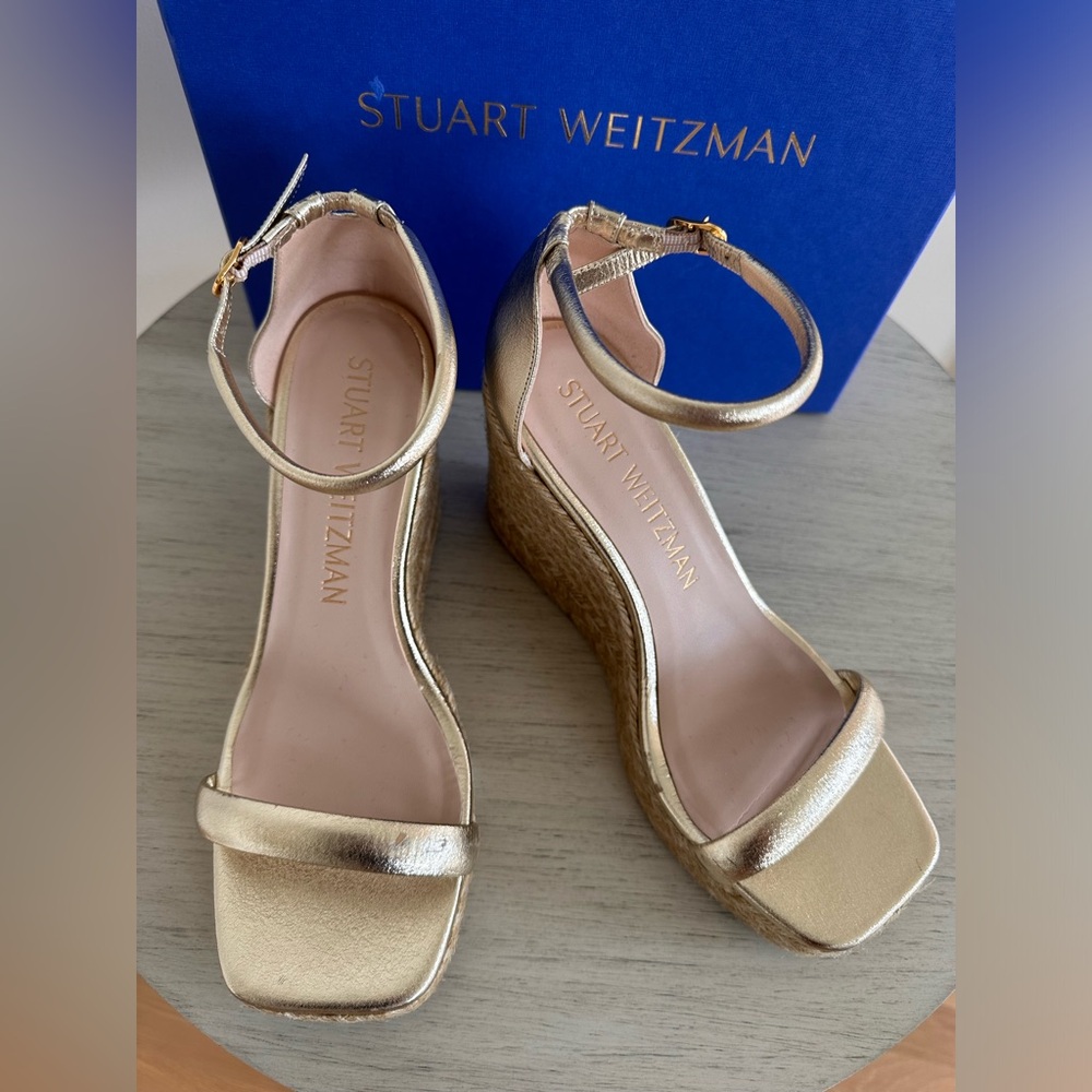Stuart Weitzman Nudist Espadrille Gold Platino Wedge Sandal size 9.5C sold AS IS